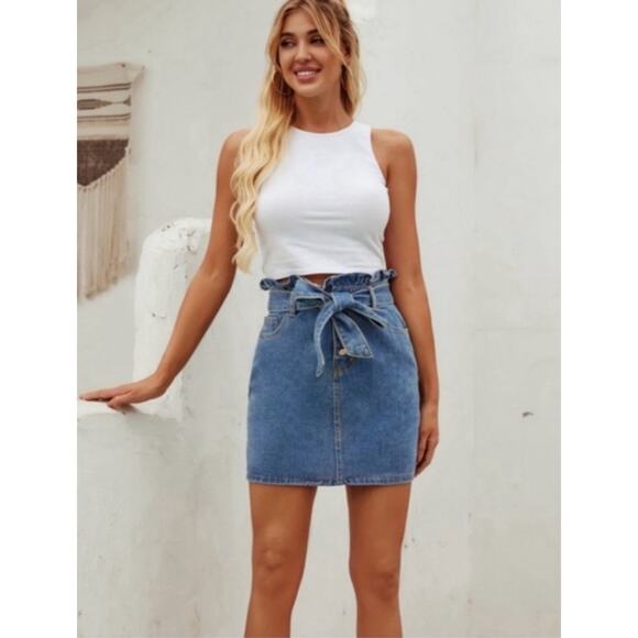 Reformation Sandia Skirt Womens Size 30 Inari Blue Denim Jean Paperbag Boho NWT - Picture 2 of 12